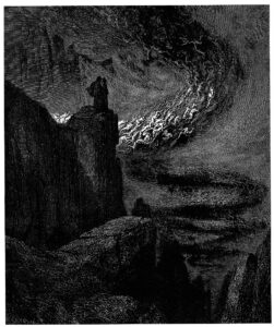Gustave Dore - Divine Comedy, Plate 14, Inferno, Canto 5 "The infernal hurricane that never rests" (1857)